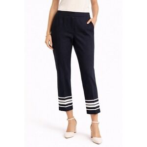 Talbots Women's Curvy Cropped Pants Size 6 Navy Blue Striped Hem Capri Career